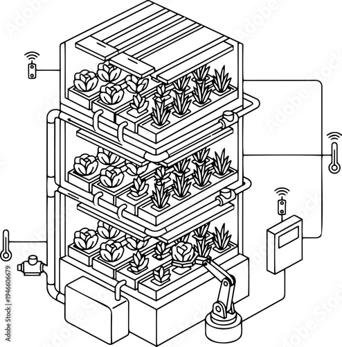 Line art vector of smart vertical farming, hydroponic system and robotic arm