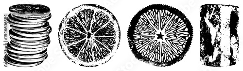 Hand drawn vintage style cookies, citrus sections, rustic bread loaf, black and white ink sketches, food illustration, artistic rendering.