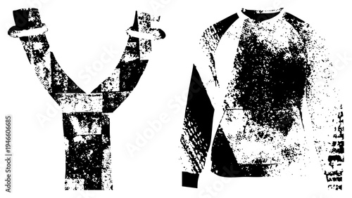 Abstract Y shaped figure wearing top hat and raglan sweatshirt, halftone texture, vector art, fashion illustration, stylized human form.