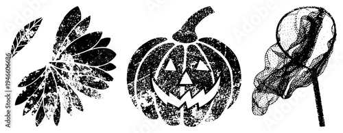 Grungy black vector of jack o’ lantern, fall foliage, and witch hat, isolated for seasonal design, spooky decor, or print.