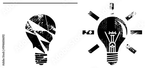 Two stylized lightbulbs, one shattered with jagged glass, one intact with glowing and radiating beams, both in distressed vector art.