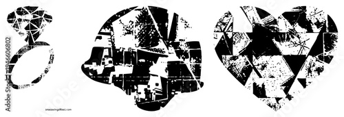 Broken polygonal assembling into symbolic forms, abstract composition, fragmented vector art, graphic, stylized shapes, digital collage, graphic design element.