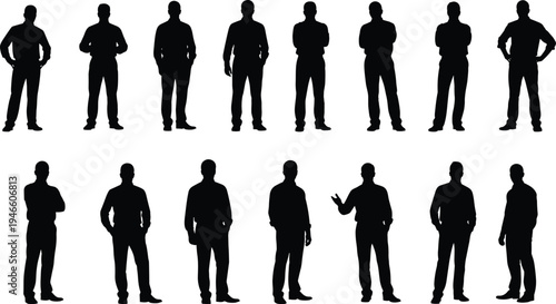 Set of male silhouette poses standing isolated on white background, different body language gestures collection, business people shadow figures