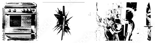 Sharp blade knife with textured grip, graphic splash design, culinary tool, kitchen weapon, chef’s knife, cutting utensil, vector art.