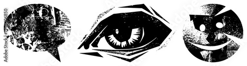 Stylized graphic with gritty texture speech bubble, eye, face, urban, distressed design, vector illustration.