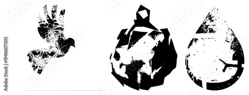 Distressed black and white vector flying bird, cracked globe, water droplet with leaf gritty texture, symbolic shapes, graphic design elements.