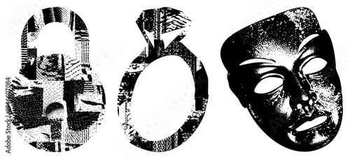 Vector halftone glyphs of lock, ring, and mask with textured fills, isolated symbols, graphic design elements, black and white, stylized.