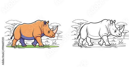 Cute cartoon rhinoceros illustration. Colored and black-and-white outline versions for children's coloring book page with savanna background.