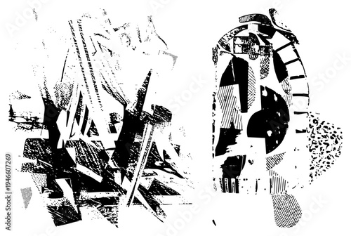 Dynamic black and white vector shapes with halftone textures, fragmented composition, graphic art, modern design elements, stylized forms.