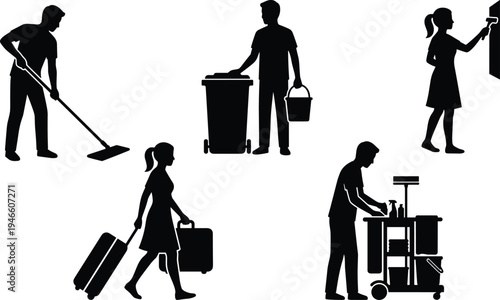 Cleaning service workers silhouette set, janitor mopping painting housekeeping trash disposal travel black vector isolated illustration collection