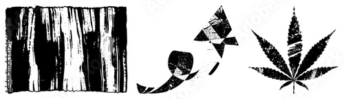 Distressed black and white vector tree bark texture, arrow, leaf. Urban street art, gritty design, stencil style, isolated foreground elements.