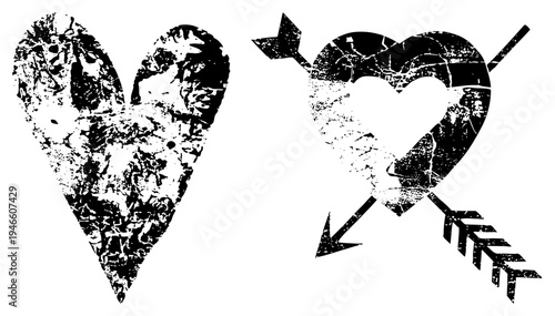 Broken heart with crackle texture, arrow piercing heart, romantic vector graphics, distressed design, tattoo style symbols, love motif.