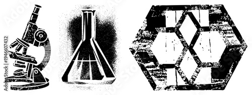 Lab equipment microscope, Erlenmeyer flask, hexagonal lattice structure, halftone texture, scientific research symbols, isolated vector graphics.