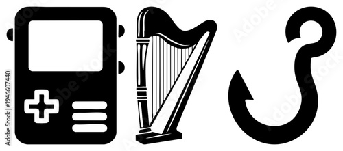 Retro handheld gaming device, traditional Celtic harp instrument, fishing hook symbol, minimalist black, vector graphic elements.