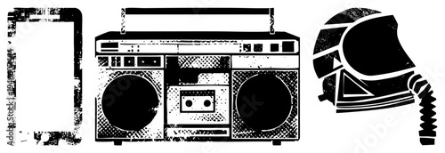 Retro boombox with cassette deck and speakers, tablet device, astronaut helmet with visor, halftone vector art, isolated tech.