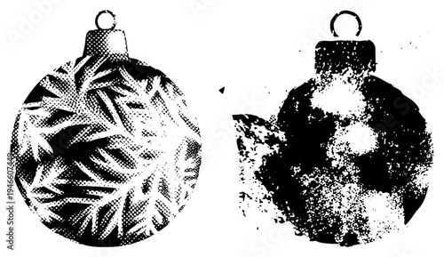 Black and white halftone Christmas ornaments, festive holiday decor, snowflake, powdered snow texture, vector graphic, isolated cutout, rgba background.