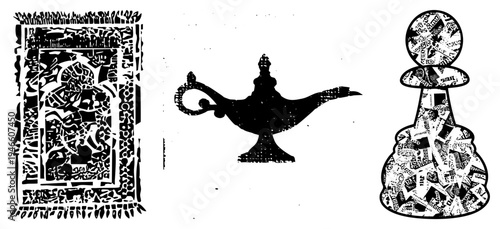 Decorative textile with intricate, classic genie lamp silhouette, bottle covered in text collage, all in stark black and white vector style.