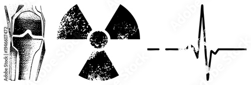 Medical including knee anatomy, radiation warning, and heartbeat graph, rendered in halftone texture with distressed effect. Synonyms radiological symbol, cardiac waveform, joint diagram.
