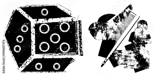 Black and white vector illustration featuring angular forms, circular voids, and distressed brush textures, stylized graphic art, abstract composition.