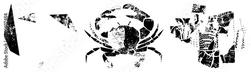 Black & white vector crab from fragmented shapes abstract geometry, halftone texture. Isolated, cutout, rgba, high contrast graphic design.