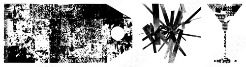 Black and white vector art featuring fragmented forms, halftone, and sharp angular. Modern graphic design elements with high contrast and texture.