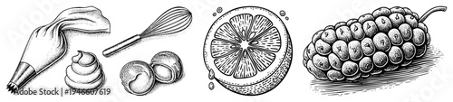 Hand drawn pastry bag, whisk, hazelnuts, lemon slice, and, rendered in classic engraving style, ideal for culinary design or retro packaging.