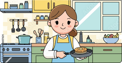 A cheerful young woman in a cozy kitchen, happily cooking golden pancakes on a stove, embodying the warmth of home-prepared meals and daily routines with a bright smile
