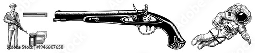 Historical flintlock pistol with ornate grip, soldier holding rifle beside ammunition, floating astronaut in space suit black and white vector illustration.