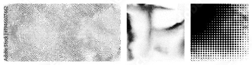 Black and white halftone dots forming smooth gradients, vector texture, print design element, screen printing, digital art background.