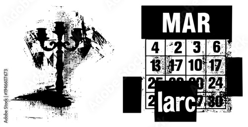 Ornate candelabra silhouette with halftone shading, calendar grid with bold typography, vintage graphic design, black and white vector art, isolated elements.