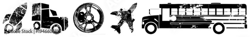 Distressed black vector of, truck, wheel, jet, and school bus, textured with noise and scratches, ideal for retro or urban design projects.