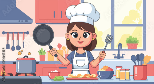 Joyful cartoon chef enthusiastically prepares a culinary masterpiece, surrounded by fresh ingredients and essential kitchen tools in a vibrant home cooking environment