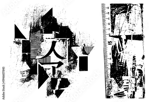 Fragmented black glyph forms, halftone shading, geometric shapes, vector art, isolated design, texture overlay, measurement scale, graphic composition.