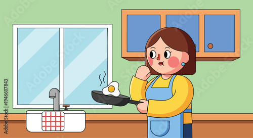 A person cooking a fried egg in a pan on a stove in a kitchen, with a sink and cabinets visible