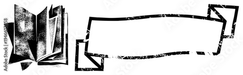 Open book with halftone texture, vintage typography, distressed banner, design, graphic element, print, black and white vector.