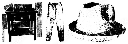 Retro furniture, denim pants, classic fedora, black and white halftone style, isolated vector art, graphic design elements, vintage fashion, bedroom decor.