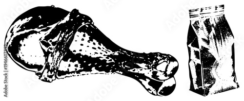 Rendered chicken drumstick and grain bag in black and white halftone, stylized food graphic, rustic kitchen, poultry illustration, farm to table theme.