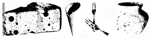 Halftone textured cheese wedge with holes, ice cream cone with waffle, fork and knife, rustic clay jar all in vector art.
