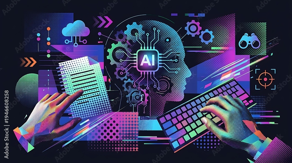 Fototapeta premium Trendy halftone collage AI brain with circuitry and data streams, representing artificial intelligence technology