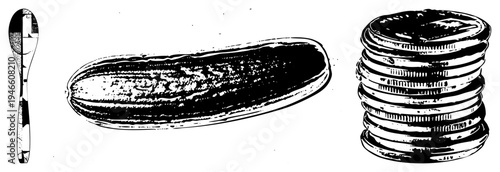 Pickled cucumber, vintage spoon, coin stack, illustration, graphic design elements, food and finance, stylized vector art.