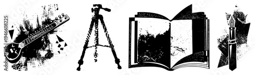 Sitar,, open book, fountain pen classic tools for art, music, and writing, rendered in halftone texture. Creative instruments and literary tools.