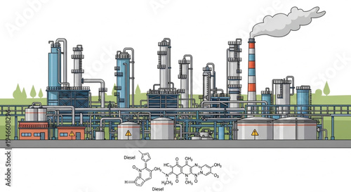 Industrial Plant with Towers and Smoke Stacks Illustration.