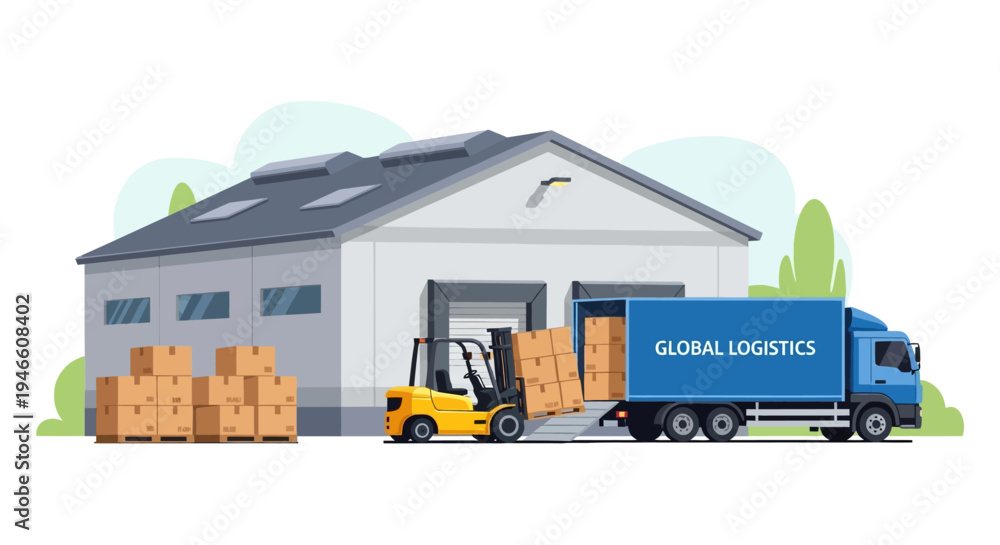 Obraz premium Warehouse with Truck and Forklift Loading.