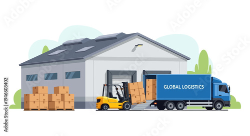 Warehouse with Truck and Forklift Loading.