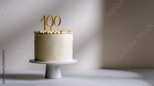 Elegant centenary celebration cake with golden '100' topper on a marble stand, illuminated by soft natural light for a sophisticated milestone birthday