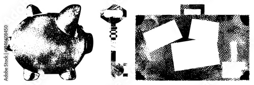 Classic piggy bank saving coins, old fashioned key symbolizing access or security, briefcase holding documents halftone vector for finance, savings, and business themes.