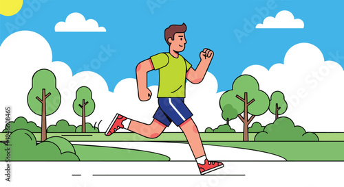 Energetic young man jogging through a vibrant park on a beautiful sunny day, embodying a healthy and active lifestyle with a focus on outdoor fitness