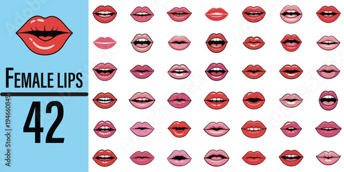 Diverse collection of 42 female lips illustrations, showcasing various shapes and shades