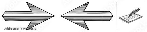 Halftone illustrated arrows pointing left and right, quill pen writing on paper, vector graphic, isolated foreground elements.