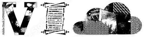 Stylized letter V, scroll, cloud shape with geometric, retro vector design, halftone textures, graphic elements for branding or UI.